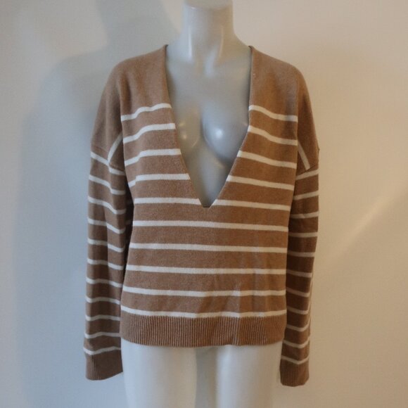 Womens Solid & Striped Wool-Cashmere Brown, White Striped V Neck Sweater S - Picture 3 of 5
